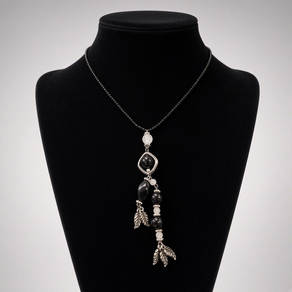 Handmade Black Onyx Opalite Silvertone Leaf Charm Beaded Y Necklace Artisan Boho